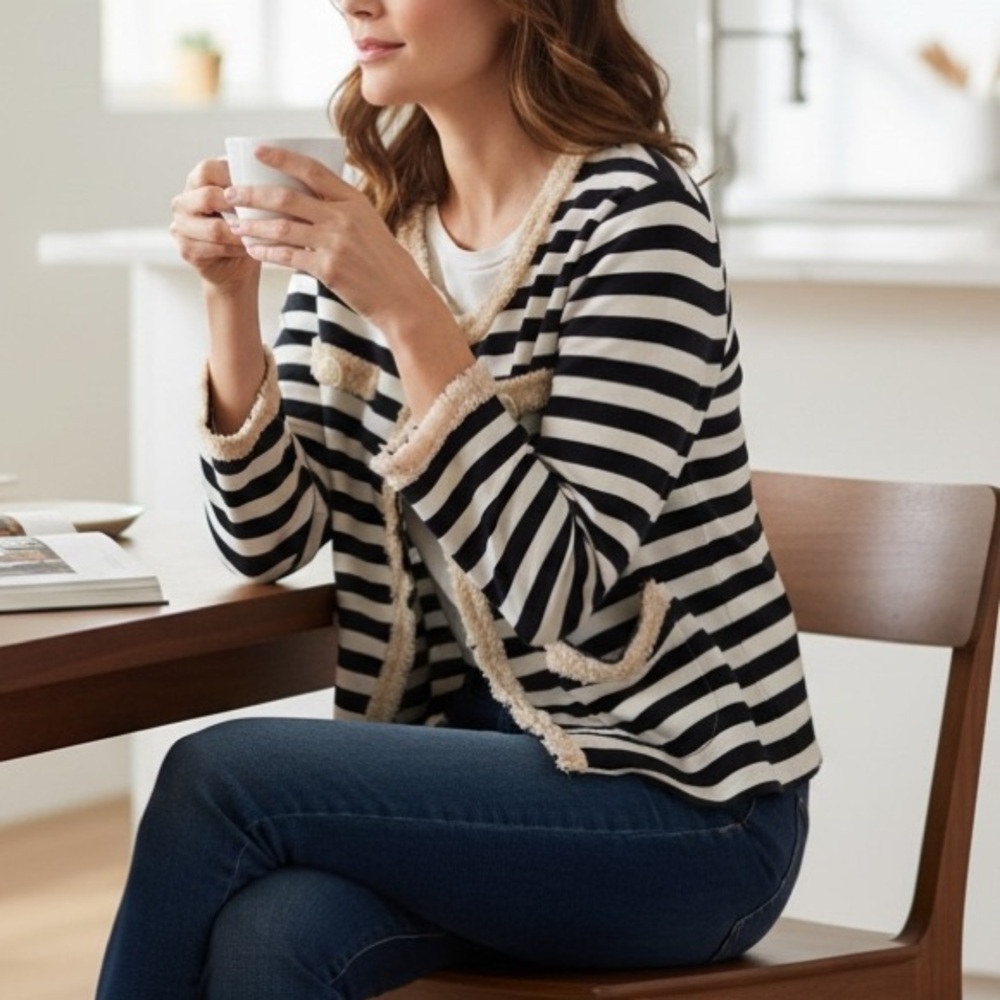 Hazel‎ Blue/Cream Striped Cropped Blazer